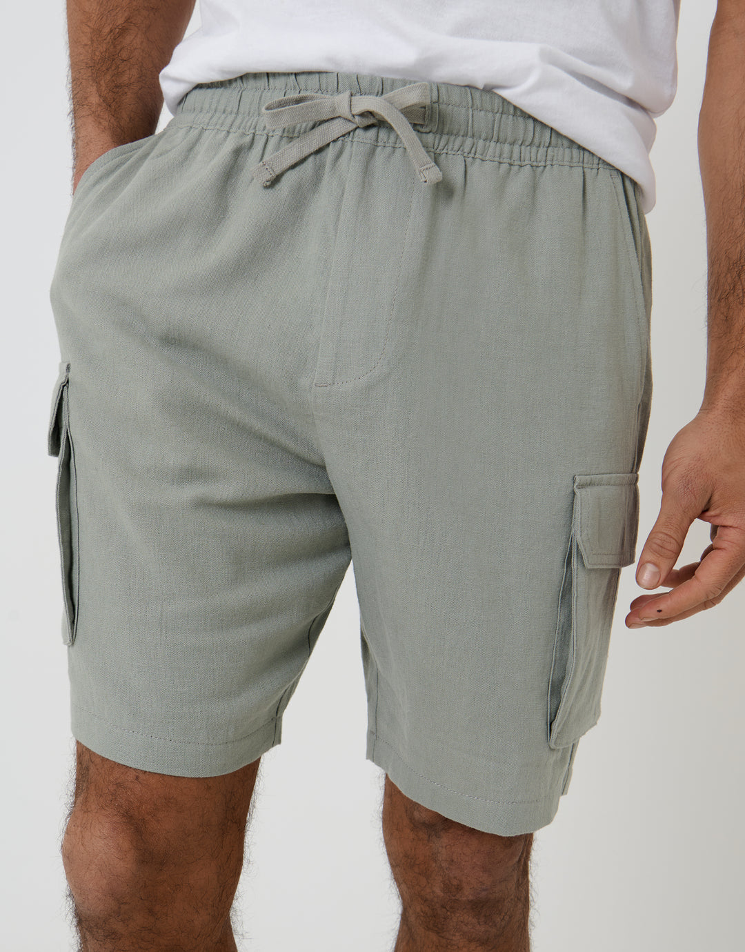 Threadbare Linen Blend Cargo Shorts in Sage Green - front view close up