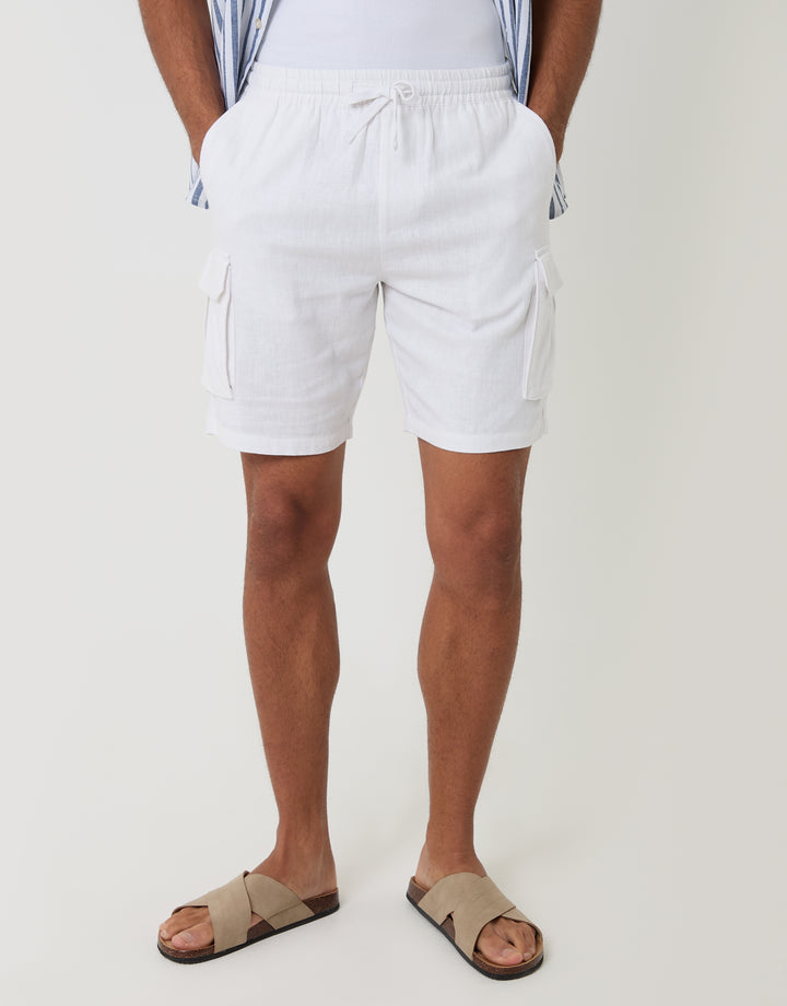 Threadbare Linen Blend Cargo Shorts in White - front view