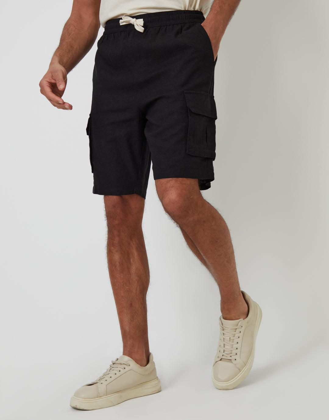 Black Linen Blend Cargo Shorts
