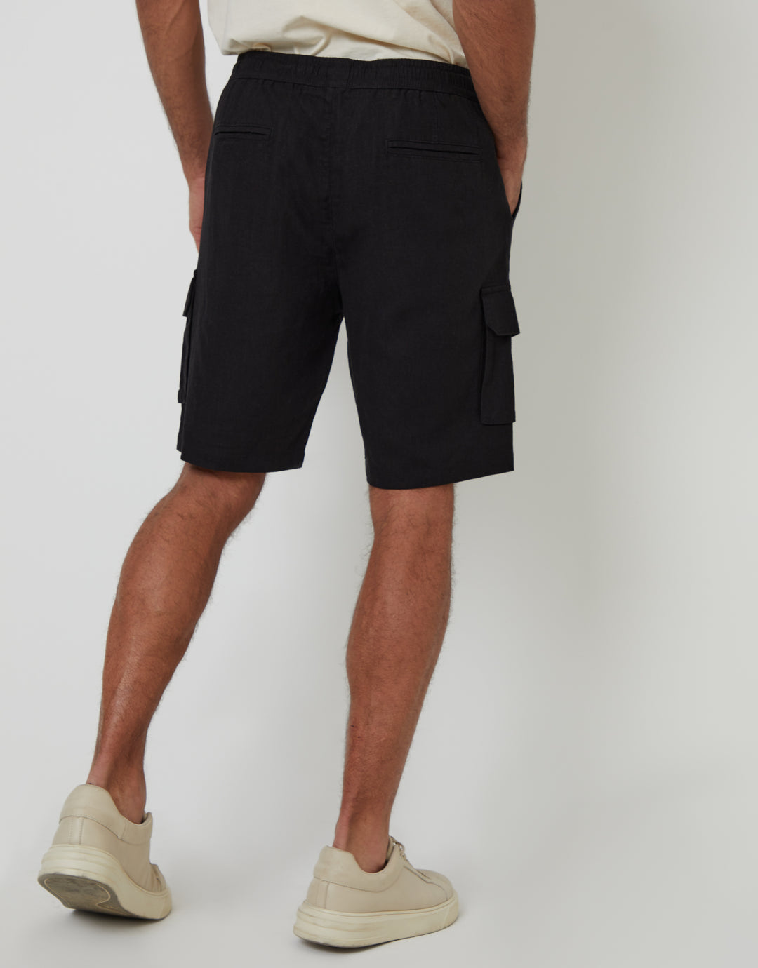 Black Linen Blend Cargo Shorts