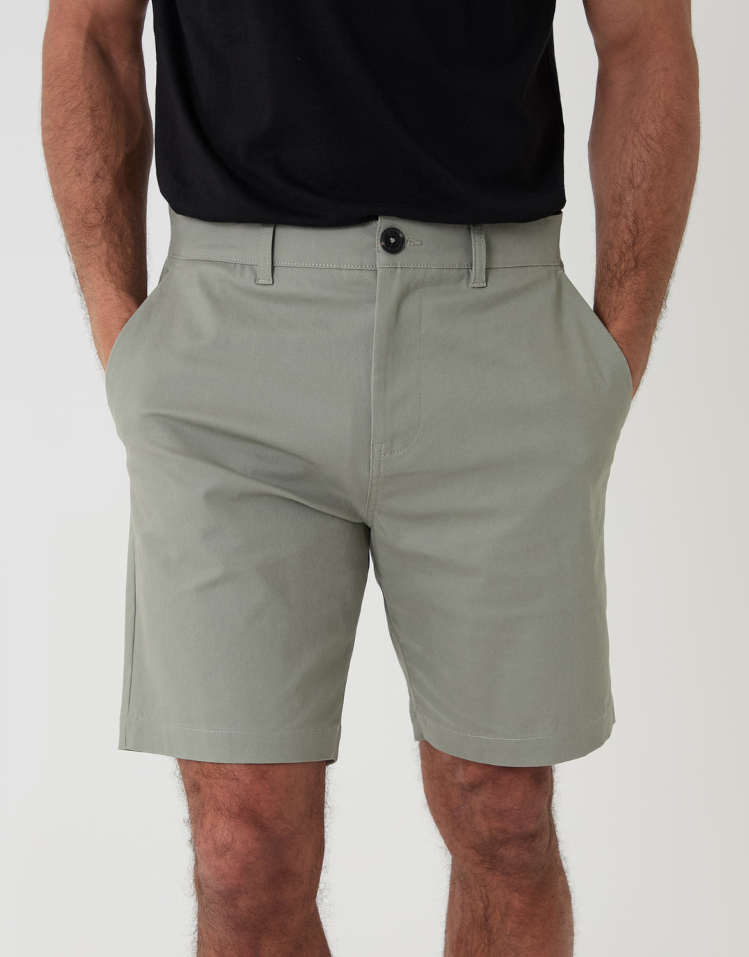 Threadbare Regular Fit Stretch Chino Shorts in Sage Green - front close up view hands in pocket