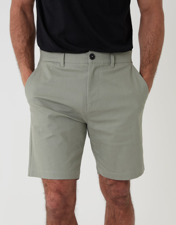 Threadbare Regular Fit Stretch Chino Shorts in Sage Green - front close up view hands in pocket