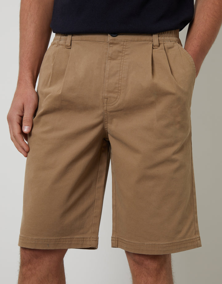 Dark Stone Pleated Stretch Relaxed Fit Chino Shorts
