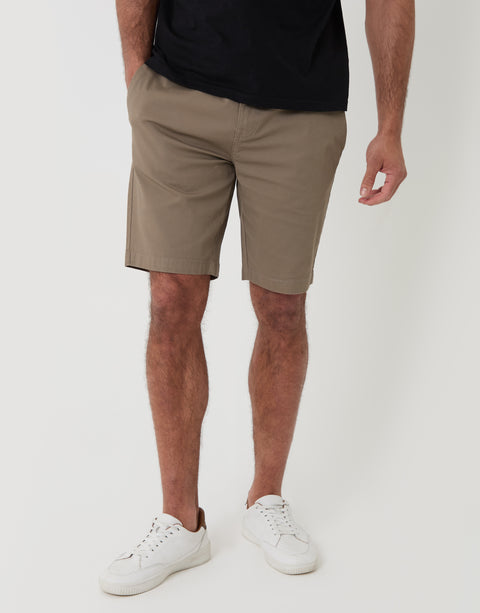 Threadbare Elasticated Waist Regular Fit Stretch Chino Shorts in Taupe - Front View