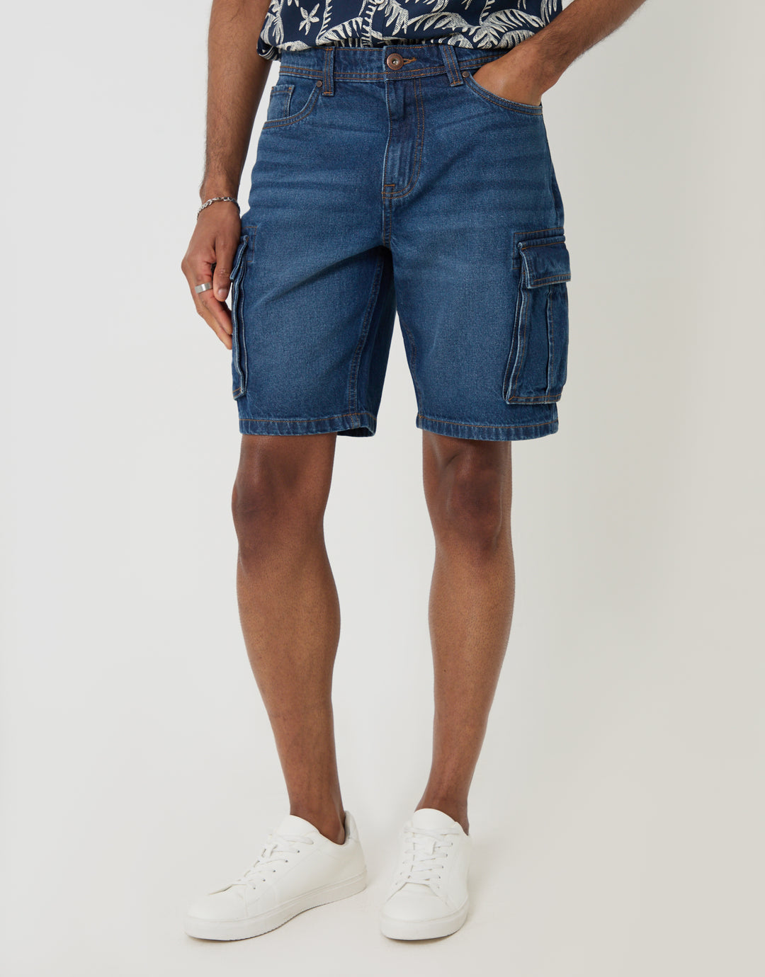 Threadbare Regular Fit Denim Cargo Shorts in Mid Wash - front view