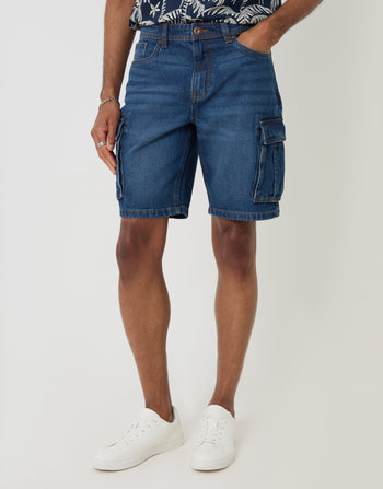Threadbare Regular Fit Denim Cargo Shorts in Mid Wash - front view