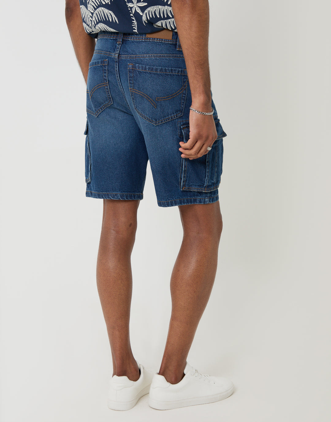 Threadbare Regular Fit Denim Cargo Shorts in Mid Wash - back view