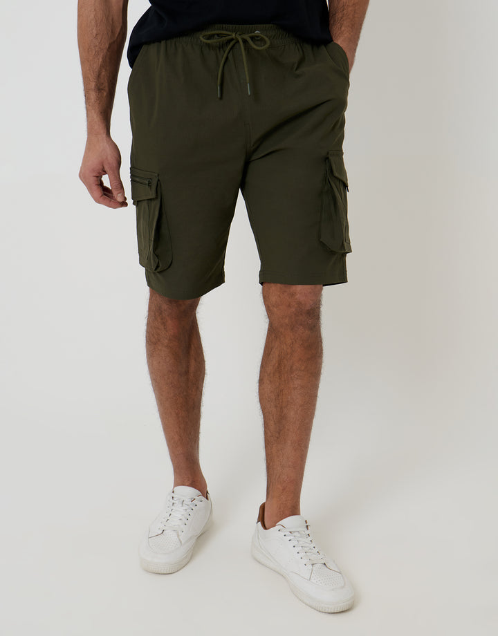 Khaki Green Elasticated Waist Stretch Cargo Shorts