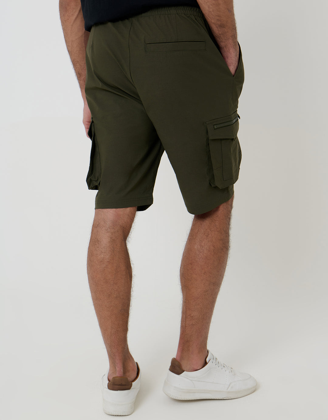 Khaki Green Elasticated Waist Stretch Cargo Shorts