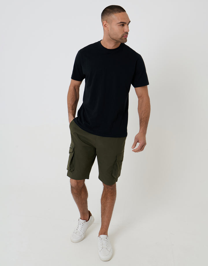 Khaki Green Elasticated Waist Stretch Cargo Shorts