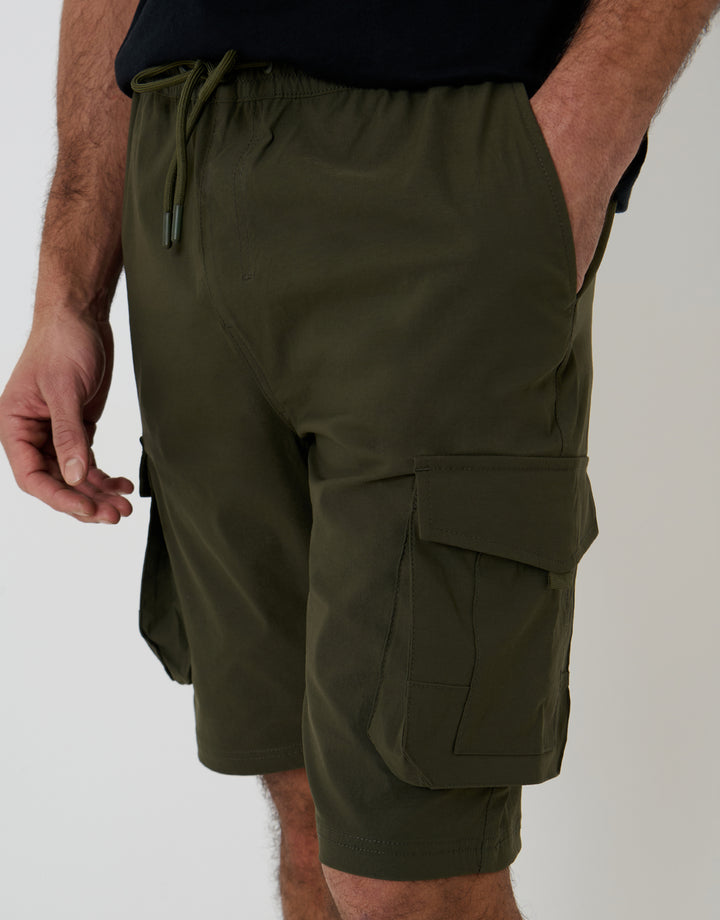 Khaki Green Elasticated Waist Stretch Cargo Shorts