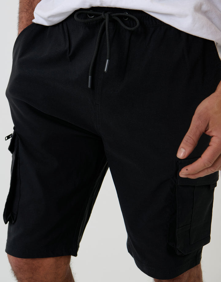 Black Elasticated Waist Stretch Cargo Shorts