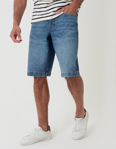 Threadbare Baggy Fit Denim Shorts in Light Wash - Front View