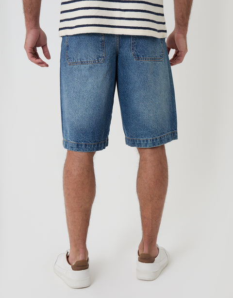 Threadbare Baggy Fit Denim Shorts in Light Wash - Back View