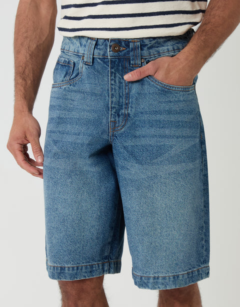 Threadbare Baggy Fit Denim Shorts in Light Wash - Close View