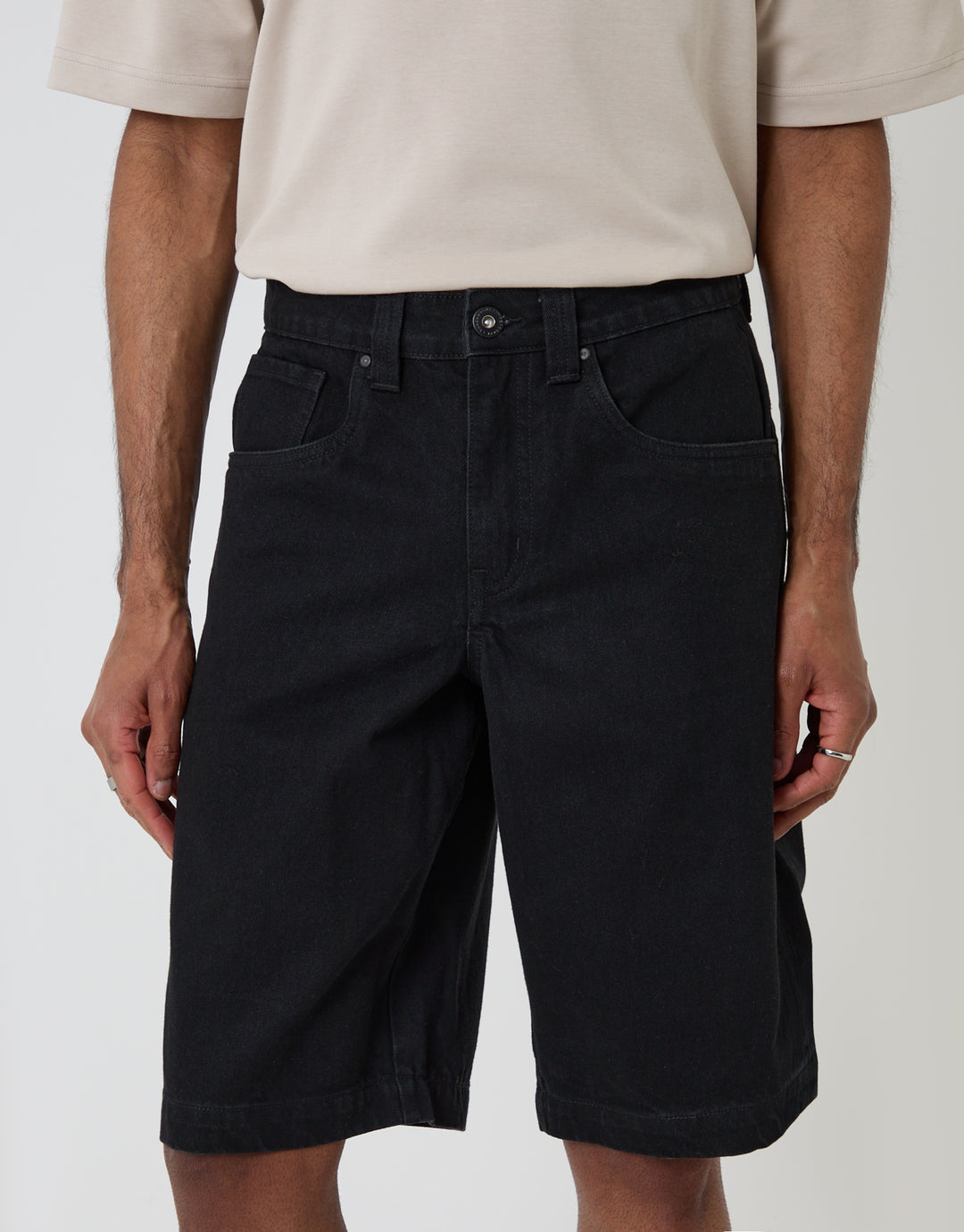 Threadbare Baggy Fit Denim Shorts in Black - front close up view