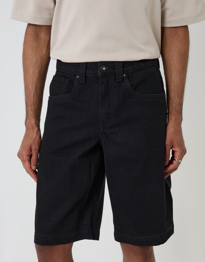 Threadbare Baggy Fit Denim Shorts in Black - front close up view