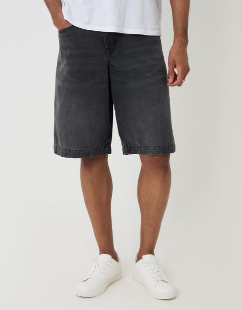 Threadbare Baggy Fit Denim Shorts in Grey Wash - Front View