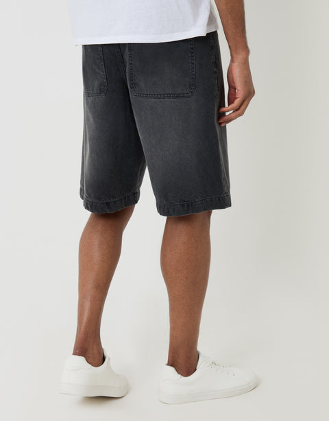 Threadbare Baggy Fit Denim Shorts in Grey Wash - Back View