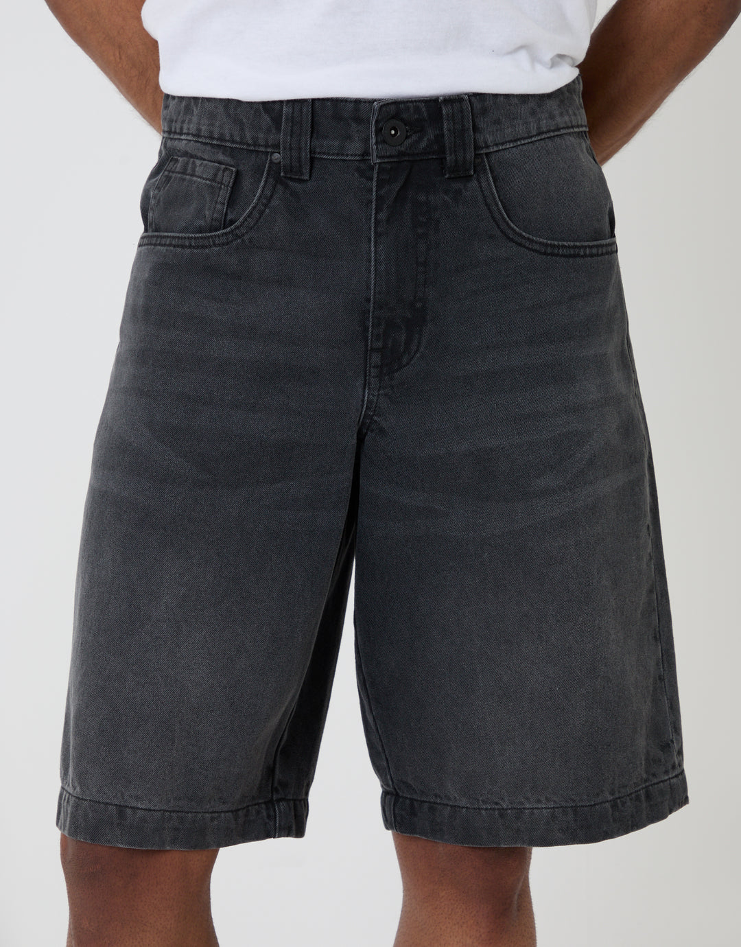 Threadbare Baggy Fit Denim Shorts in Grey Wash - Front Close Up View