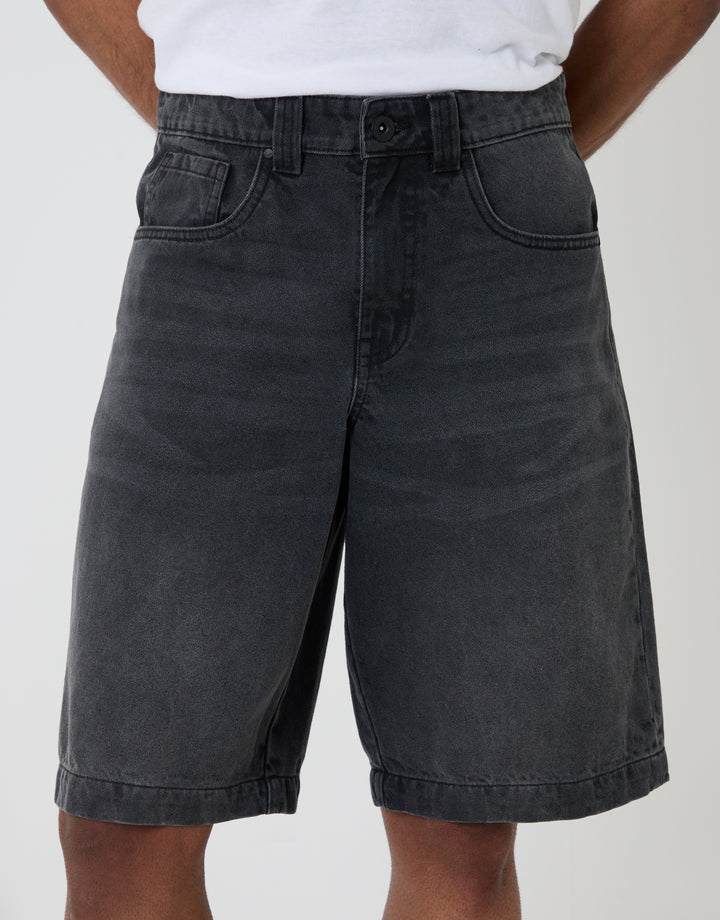 Threadbare Baggy Fit Denim Shorts in Grey Wash - Front Close Up View