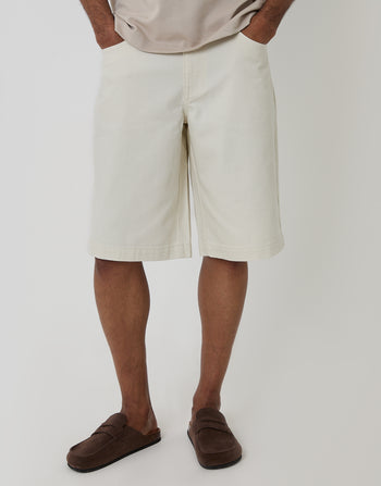 Threadbare Baggy Fit Denim Shorts in Ecru - front view
