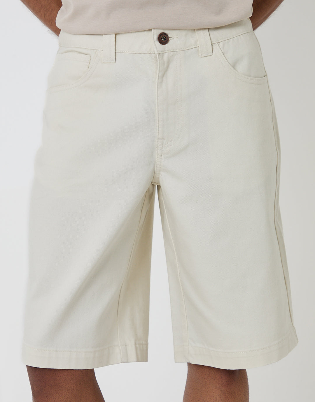 Threadbare Baggy Fit Denim Shorts in Ecru - close up