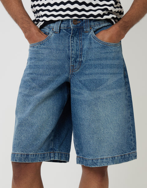 Threadbare Baggy Fit Denim Shorts in  Mid Wash - Front Detail View