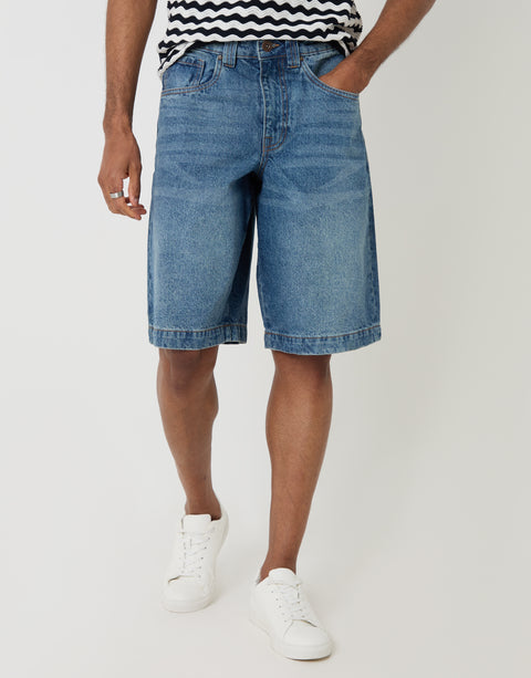 Threadbare Baggy Fit Denim Shorts in  Mid Wash - Front View