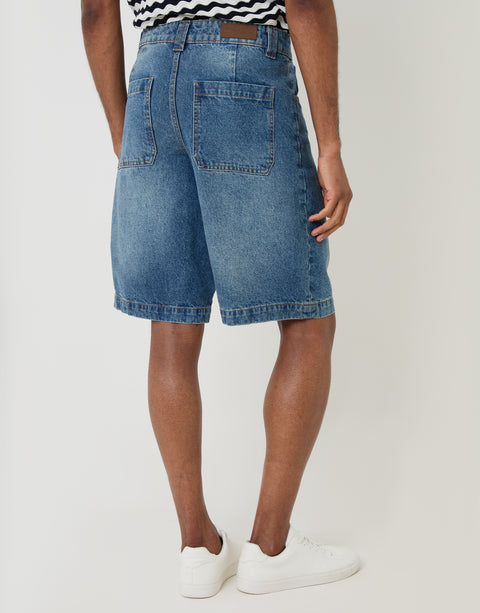 Threadbare Baggy Fit Denim Shorts in  Mid Wash - Back View