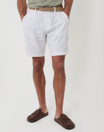 Threadbare Regular Fit Linen Blend Shorts with Belt in White - Front View
