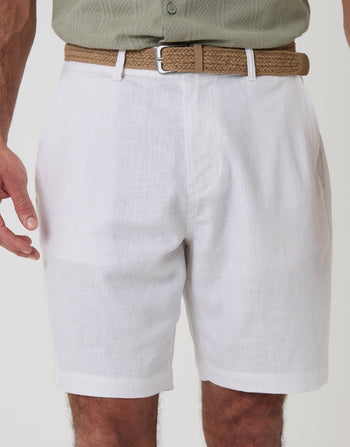 Threadbare Regular Fit Linen Blend Shorts with Belt in White - Front Close up View