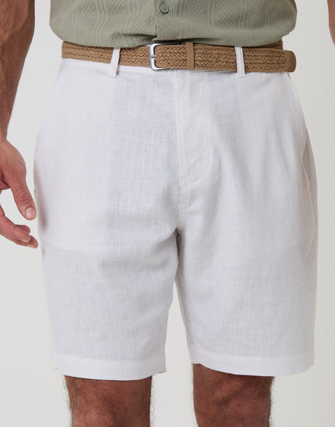 Threadbare Regular Fit Linen Blend Shorts with Belt in White - Front Close up View