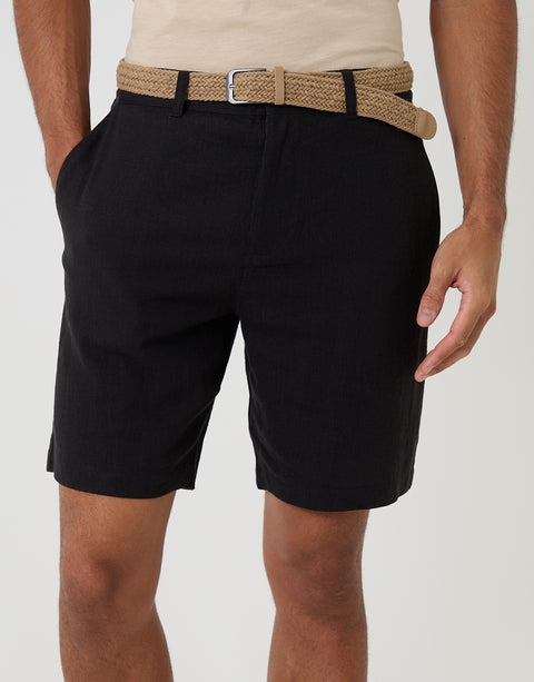 Threadbare Regular Fit Linen Blend Shorts with Belt in Black - front view with belt close up