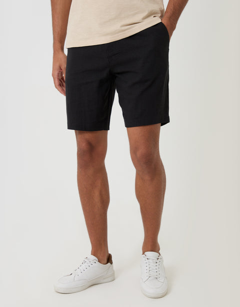 Threadbare Regular Fit Linen Blend Shorts with Belt in Black - front view