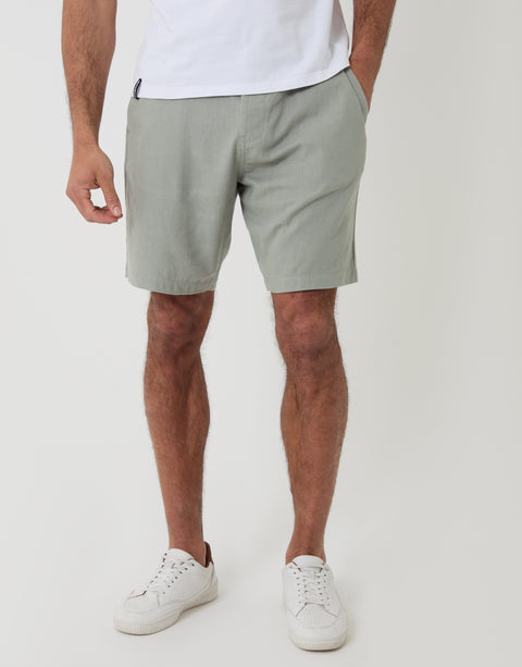 Threadbare Regular Fit Linen Blend Shorts with Belt in Sage Green - front view hand in pocket