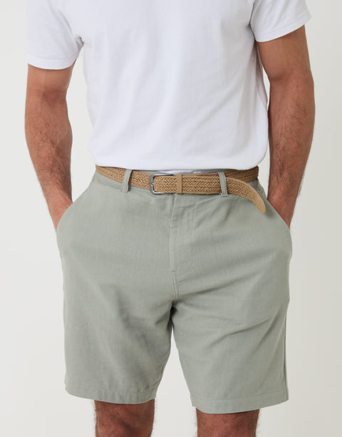 Threadbare Regular Fit Linen Blend Shorts with Belt in Sage Green - close up with belt showing