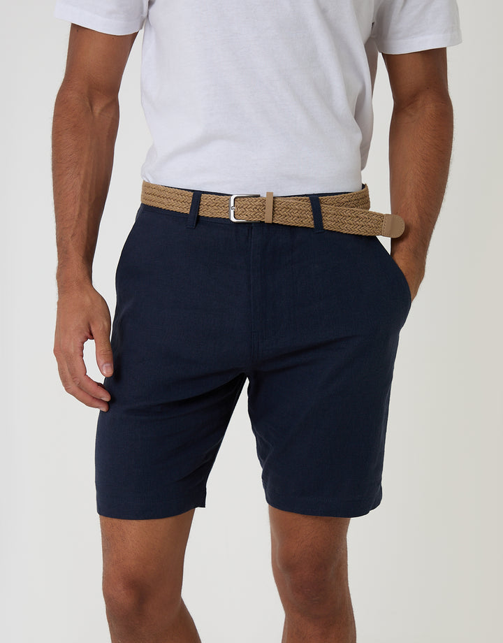 Threadbare Regular Fit Linen Blend Shorts with Belt in Navy - front view with belt close up