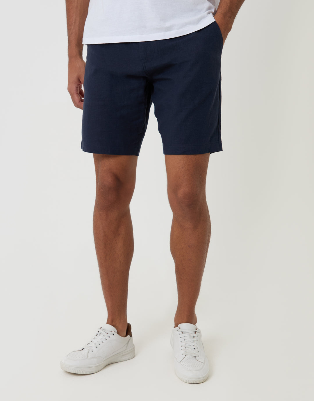 Threadbare Regular Fit Linen Blend Shorts with Belt in Navy - front view