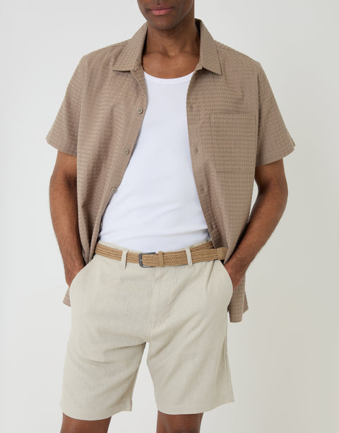 Threadbare Regular Fit Linen Blend Shorts with Belt in Stone - Full View 