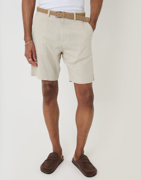 Threadbare Regular Fit Linen Blend Shorts with Belt in Stone - Front View 
