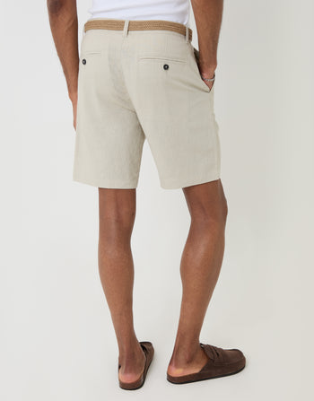 Threadbare Regular Fit Linen Blend Shorts with Belt in Stone - Back View 