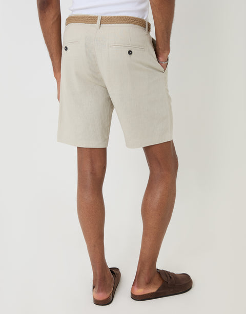 Threadbare Regular Fit Linen Blend Shorts with Belt in Stone - Back View 