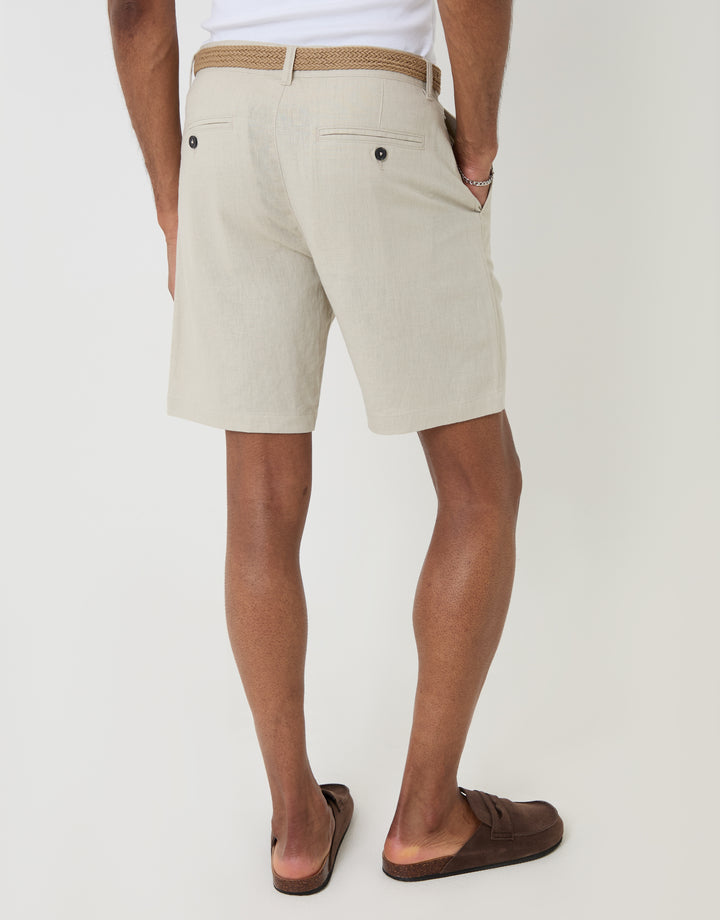 Threadbare Regular Fit Linen Blend Shorts with Belt in Stone - Back View 