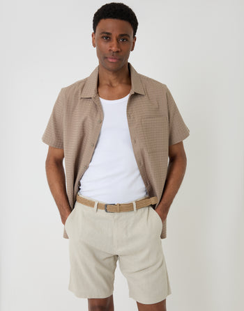 Threadbare Regular Fit Linen Blend Shorts with Belt in Stone - Full View with face