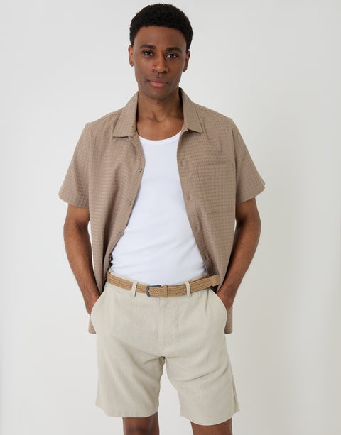Threadbare Regular Fit Linen Blend Shorts with Belt in Stone - Full View with face
