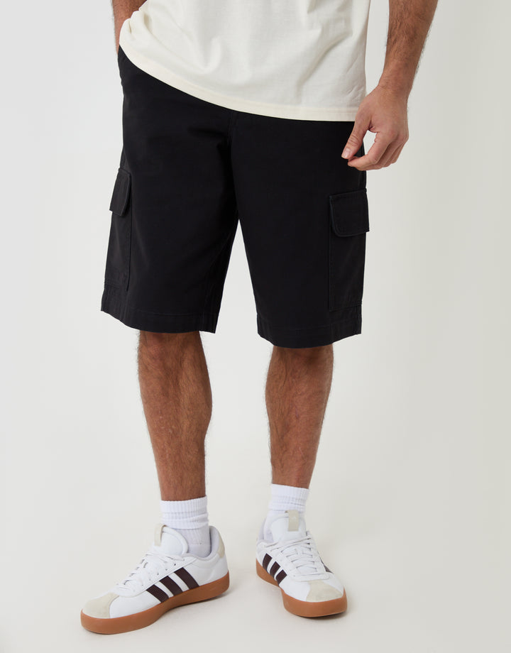 Threadbare Baggy Fit Cotton Cargo Shorts in Black - front view close up