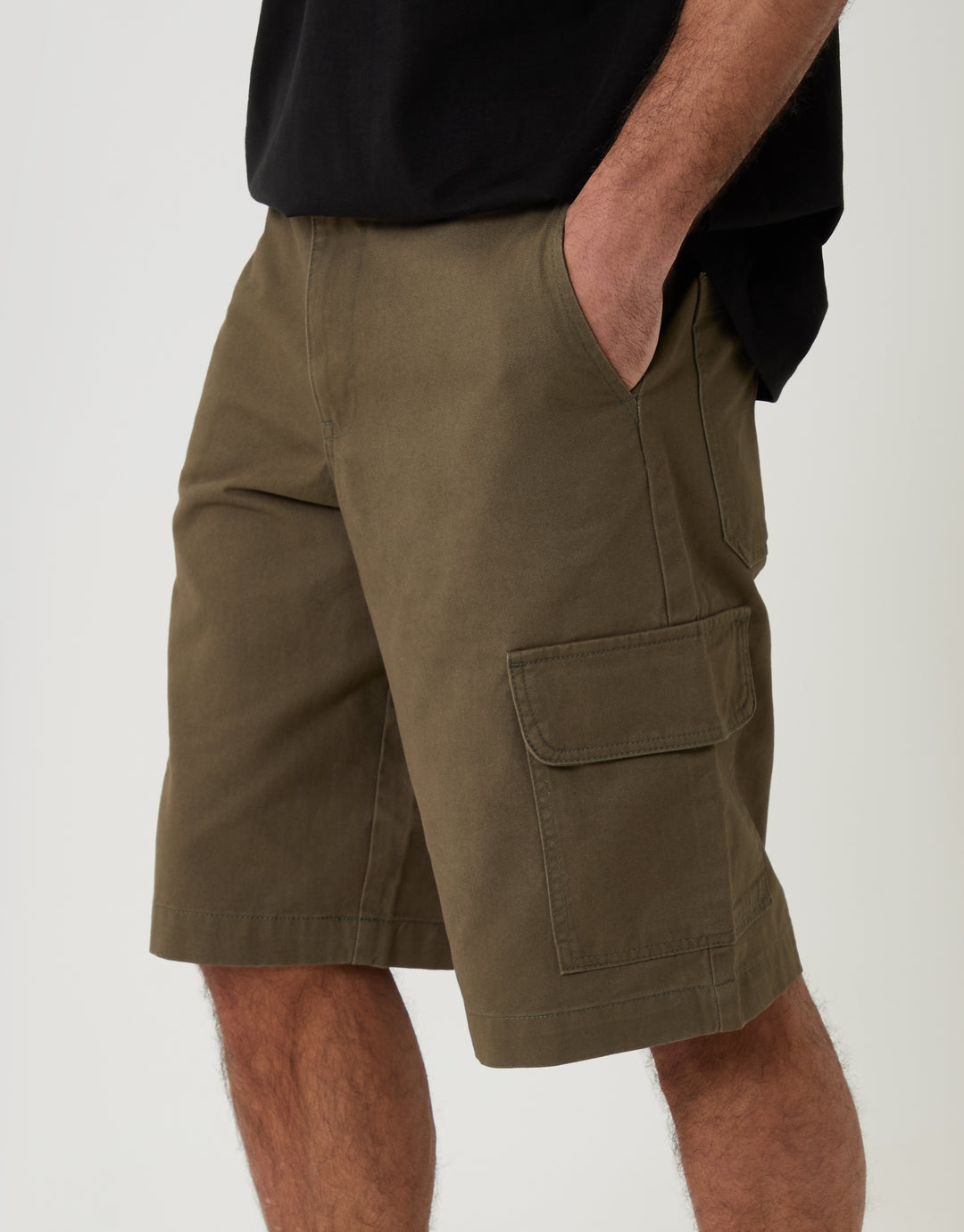 Threadbare Baggy Fit Cotton Cargo Shorts in Khaki Green - pockets close up