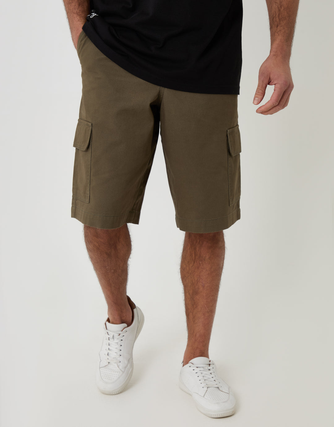 Threadbare Baggy Fit Cotton Cargo Shorts in Khaki Green - front view close up