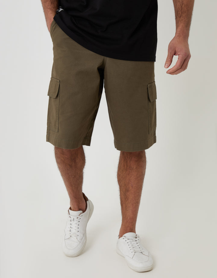 Threadbare Baggy Fit Cotton Cargo Shorts in Khaki Green - front view close up